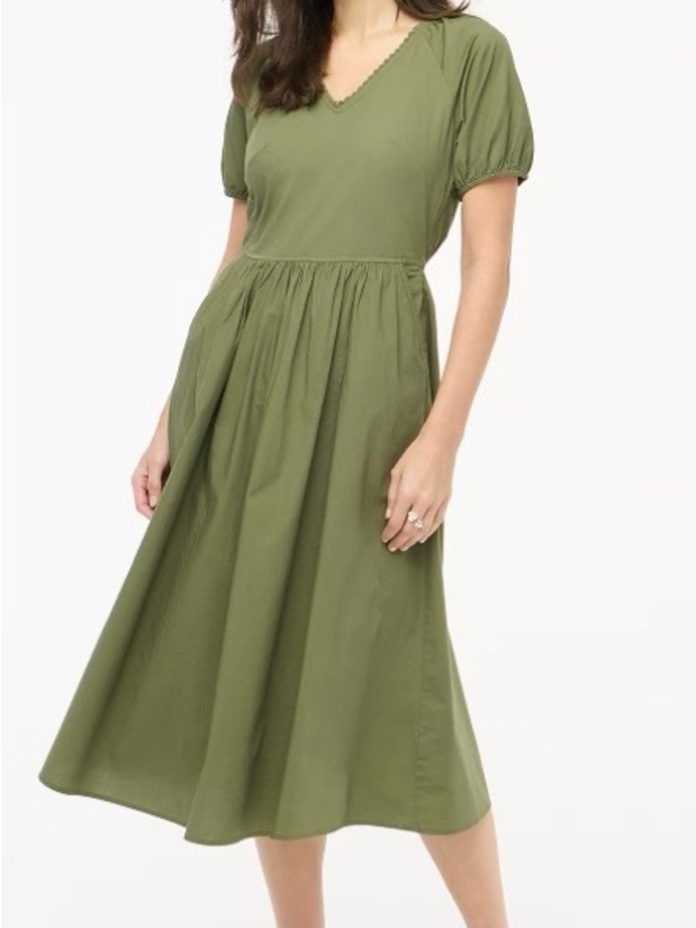 NWT J.Crew Olive Green Lace-Trim Midi Dress | Size 14 | Pockets